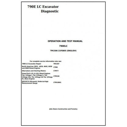 John Deere 790E LC Excavator Diagnostic, Operation and Tests Service Manual Pdf - TM1506