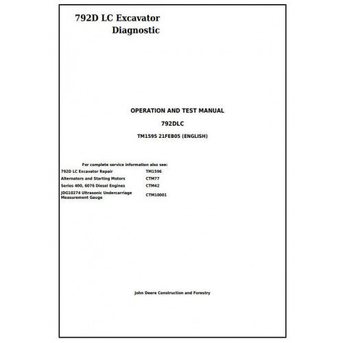 John Deere 792D LC Excavator Diagnostic, Operation and Tests Service Manual Pdf - TM1595