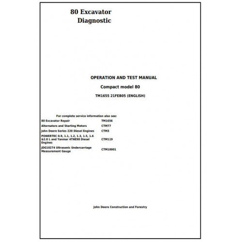 John Deere 80 MIDI Excavator Diagnostic, Operation and Tests Service Manual Pdf - TM1655