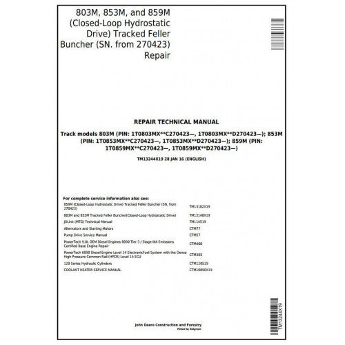 John Deere 803M 853M 859M Feller Buncher Pdf Repair Service Technical Manual TM13244X19