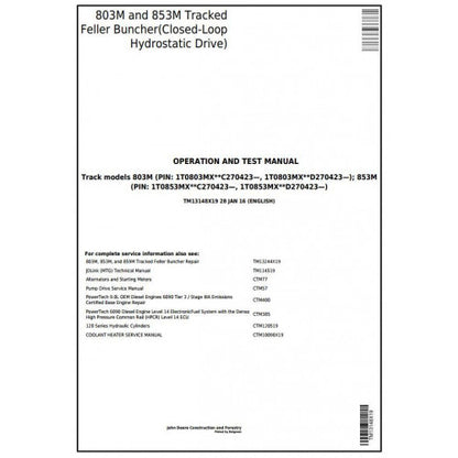 John Deere 803M, 853M Feller Buncher Diagnostic, Operation and Tests Service Manual Pdf - TM13148X19