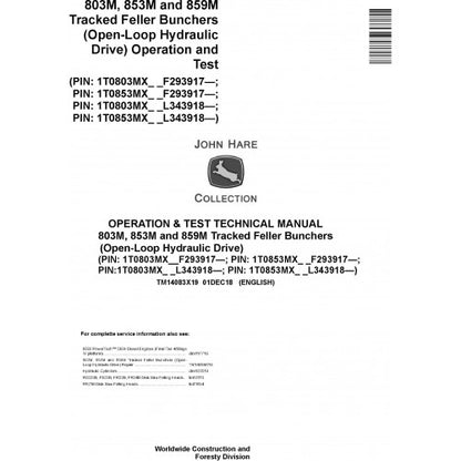 John Deere 803M, 853M Feller Buncher Diagnostic, Operation and Tests Service Manual Pdf - TM14083X19