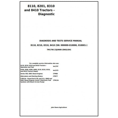 John Deere 8110, 8210, 8310 and 8410 Tractor Diagnostic and Tests Service Manual Pdf - TM1796