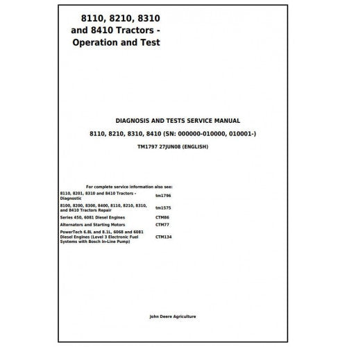 John Deere 8110, 8210, 8310 AND 8410 Tractor Diagnostic and Tests Service Manual Pdf - TM1797