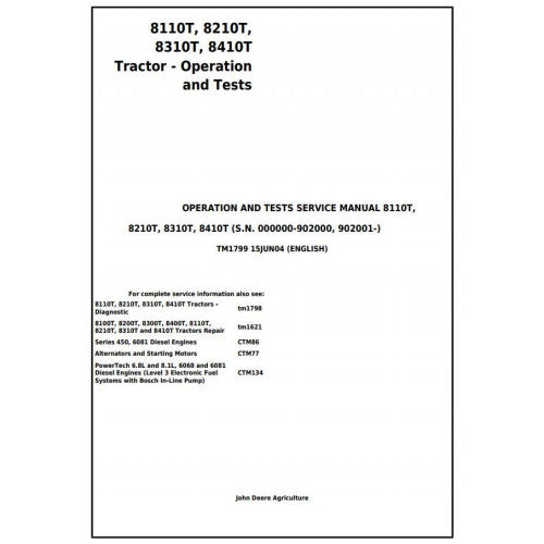 John Deere 8110T, 8210T, 8310T, 8410T Tracks Tractor Diagnostic and Tests Service Manual Pdf - TM1799