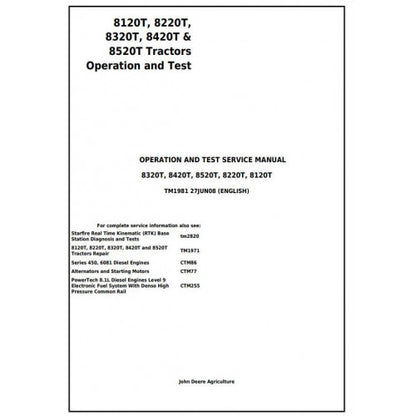 John Deere 8120T, 8220T, 8320T, 8420T, 8520T Tracks Tractor Operation and Tests Service Manual Pdf - TM1981