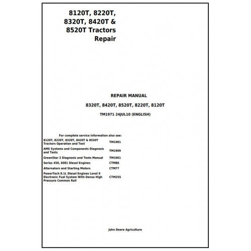 John Deere 8120T, 8220T, 8320T, 8420T and 8520T Tracks Tractor Service Repair Technical Manual Pdf - TM1971