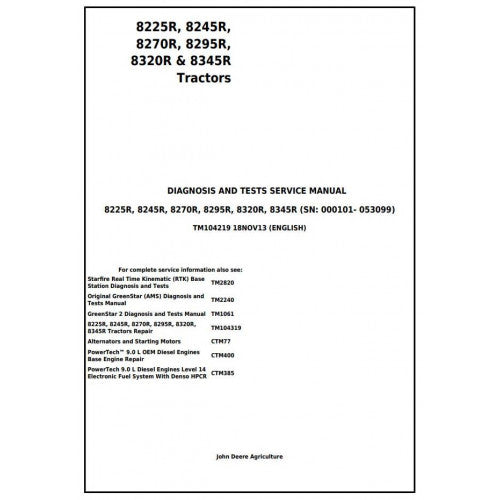 John Deere 8225R, 8245R, 8270R, 8295R, 8320R, 8345R Tractor Diagnostic and Tests Service Manual Pdf - TM104219