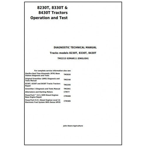 John Deere 8230T, 8330T and 8430T Tracks Tractor Diagnostic and Technical Manual Pdf - TM2215