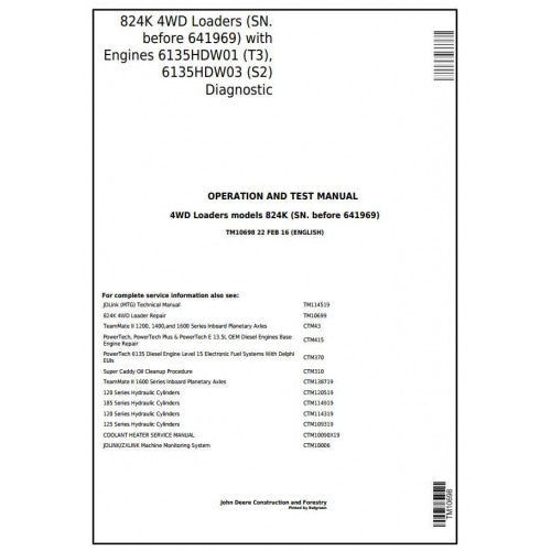 John Deere 824K 4WD Loader Diagnostic, Operation and Tests Service Manual Pdf - TM10698