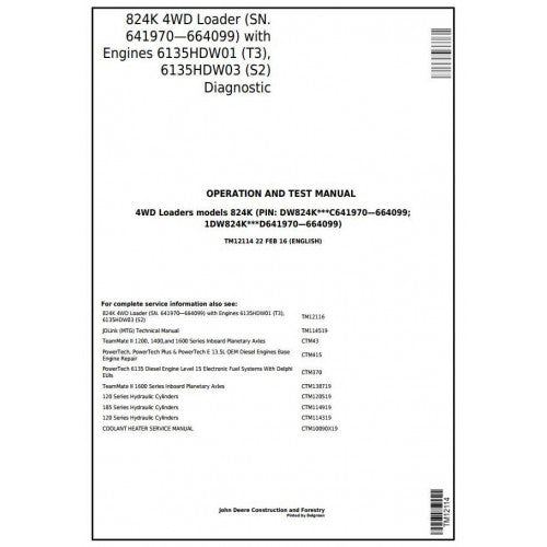 John Deere 824K 4WD Loader Diagnostic, Operation and Tests Service Manual Pdf - TM12114