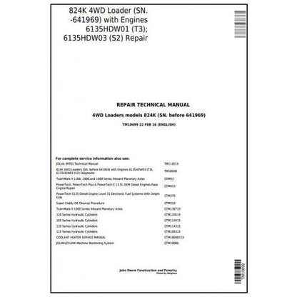 John Deere 824K 4WD Loader Pdf Repair Service Technical Manual TM10699