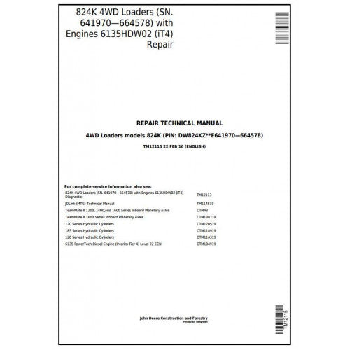 John Deere 824K 4WD Loader Service Repair Technical Manual Pdf TM12115