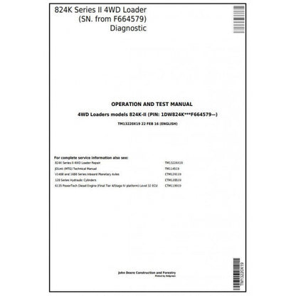 John Deere 824K Loader Series II Diagnostic, Operation and Tests Service Manual Pdf - TM13220X19