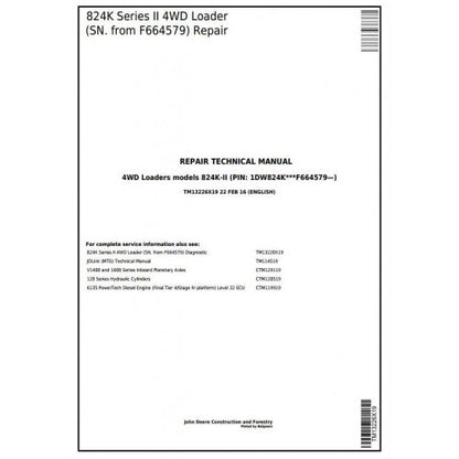 John Deere 824K Series II 4WD Loader Pdf Repair Service Technical Manual TM13226X19