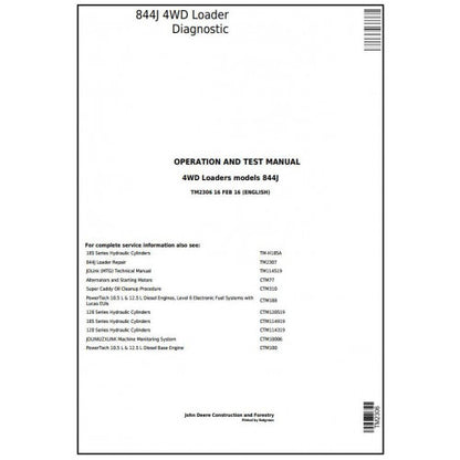 John Deere 844J 4WD Loader Diagnostic, Operation and Tests Service Manual Pdf - TM2306