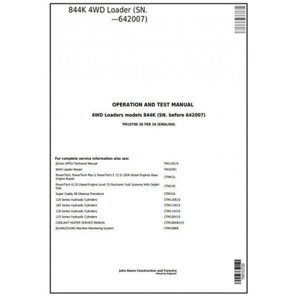 John Deere 844K 4WD Loader Diagnostic, Operation and Tests Service Manual Pdf - TM10700