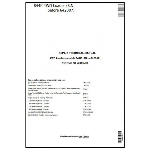 John Deere 844K 4WD Loader Pdf Repair Service Technical Manual TM10701