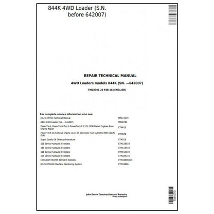 John Deere 844K 4WD Loader Service Repair Technical Manual Pdf TM10701 2