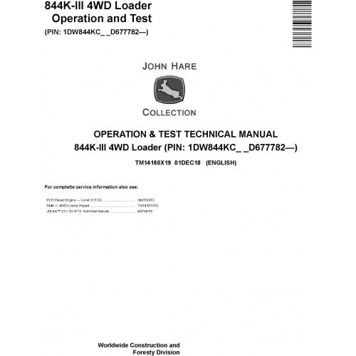 John Deere 844K-III 4WD Loader Operation and Tests Technical Service Manual Pdf - TM14160X19 2