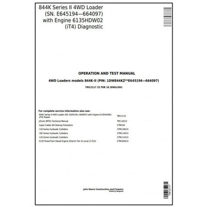 John Deere 844K Series II 4WD Loader Diagnostic, Operation and Tests Service Manual Pdf - TM12117