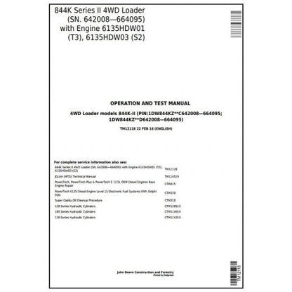 John Deere 844K Series II 4WD Loader Diagnostic, Operation and Tests Service Manual Pdf - TM12118