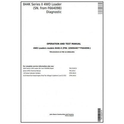 John Deere 844K Series II 4WD Loader Diagnostic, Operation and Tests Service Manual Pdf - TM13222X19