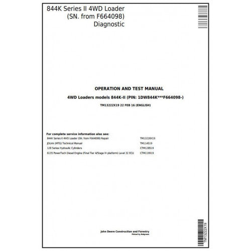 John Deere 844K Series II 4WD Loader Diagnostic, Operation and Tests Service Manual Pdf - TM13222X19