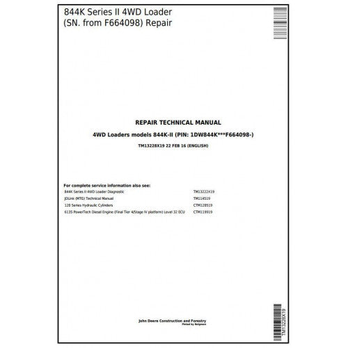 John Deere 844K Series II 4WD Loader Pdf Repair Service Technical Manual TM13228X19