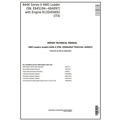 John Deere 844K SERIES II 4WD Loader Service Repair Technical Manual Pdf TM12119 2