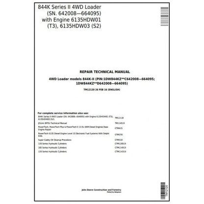 John Deere 844K SERIES II 4WD Loader Service Repair Technical Manual Pdf TM12120 2