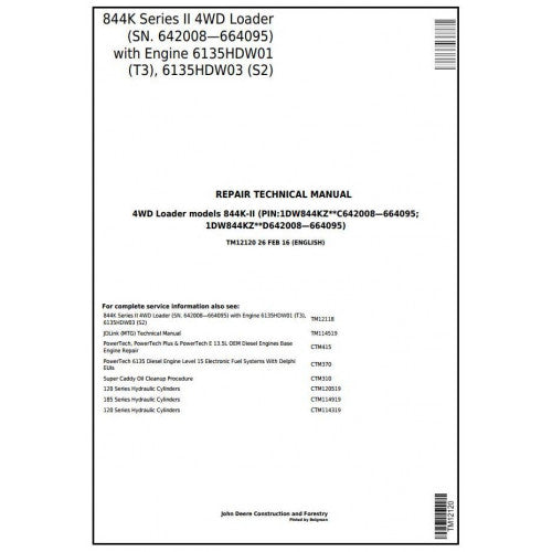 John Deere 844K SERIES II 4WD Loader Service Repair Technical Manual Pdf TM12120