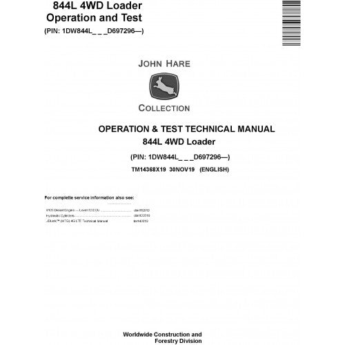 John Deere 844L 4WD Loader Diagnostic, Operation and Tests Technical Service Manual Pdf - TM14368X19