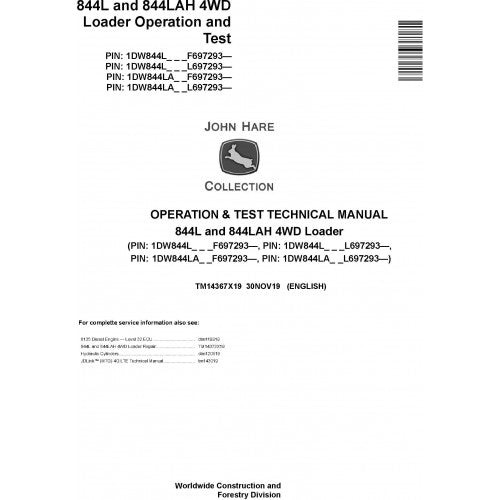 John Deere 844L and 844LAH 4WD Loader Diagnostic, Operation and Tests Technical Service Manual Pdf - TM14367X19