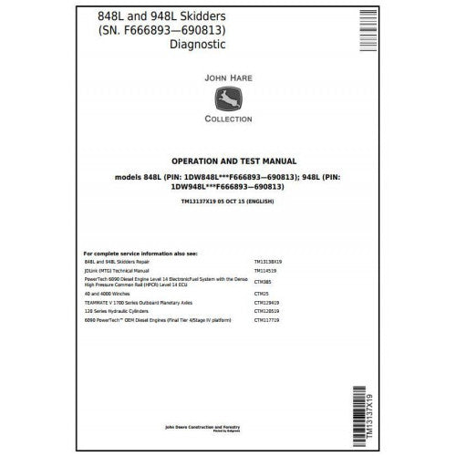 John Deere 848L, 948L Skidder Diagnostic, Operation and Tests Service Manual Pdf - TM13137X19