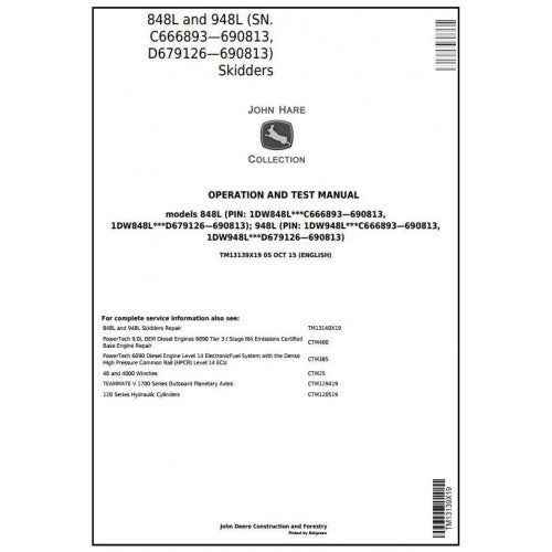 John Deere 848L 948L Skidder Diagnostic, Operation and Tests Service Manual Pdf - TM13139X19