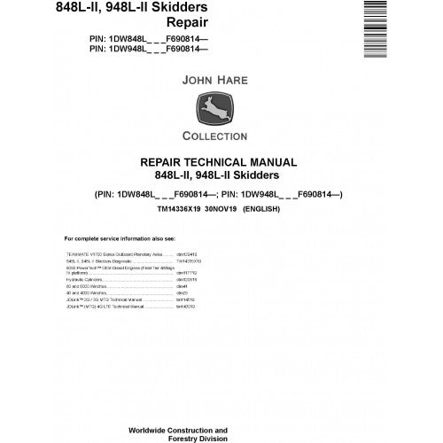 John Deere 848L II, 948L II Skidders Pdf Repair Service Technical Manual TM14336X19