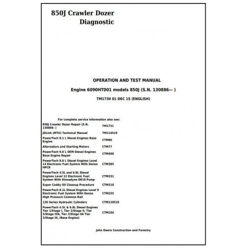 John Deere 850J Crawler Dozer (SN. FROM 130886) Diagnostic, Operation and Tests Service Manual Pdf - TM1730