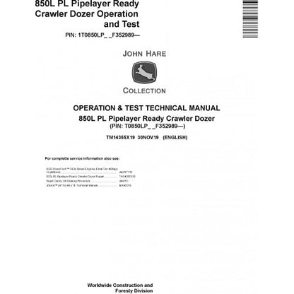 John Deere 850L PL Pipelayer Ready Crawler Dozer Operation and Tests Technical Manual Pdf - TM14355X19 2