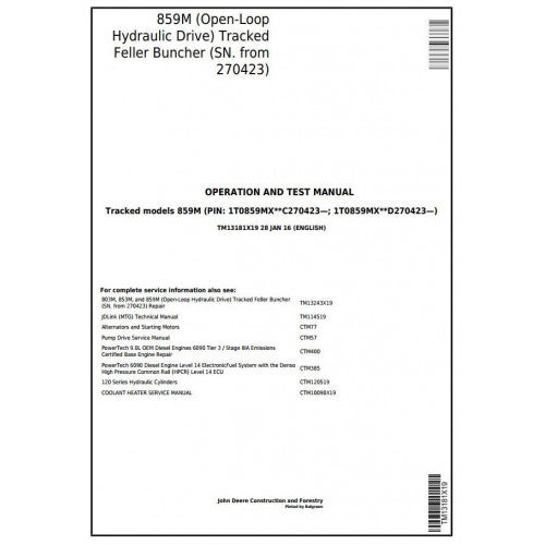 John Deere 859M Feller Buncher Diagnostic, Operation and Tests Service Manual Pdf - TM13181X19