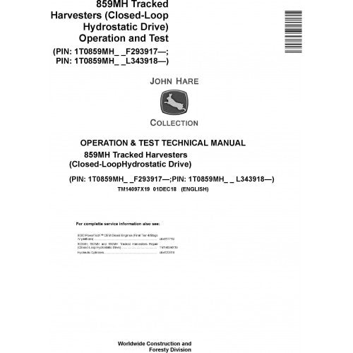 John Deere 859MH Harvester Diagnostic, Operation and Tests Technical Service Manual Pdf - TM14097X19