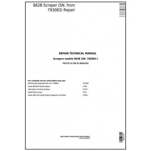 John Deere 862B Scraper Pdf Repair Service Technical Manual TM1570