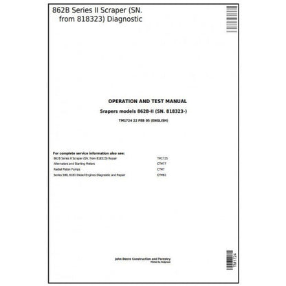 John Deere 862B Series II Scraper Diagnostic, Operation and Tests Service Manual Pdf - TM1724