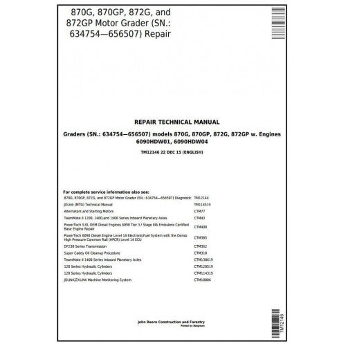 John Deere 870G, 870GP, 872G, 872GP Motor Grader Pdf Repair Service Technical Manual TM12146