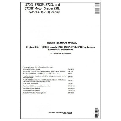 John Deere 870G, 870GP, 872G, 872GP Motor Grader Service Repair Technical Manual Pdf TM11209 2