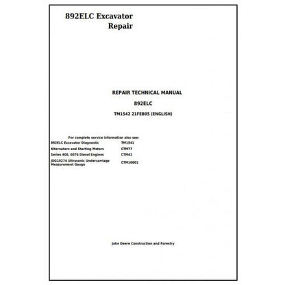 John Deere 892ELC Excavator Pdf Repair Service Technical Manual TM1542