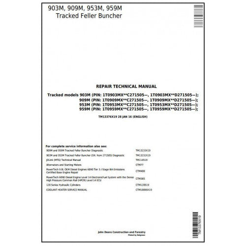 John Deere 903M, 909M, 953M, 959M Feller Buncher Pdf Repair Service Technical Manual TM13376X19