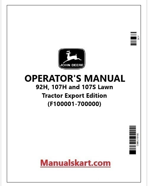 John Deere 92H, 107H and 107S Lawn Tractor Pdf Operator's Manual OMGX25463