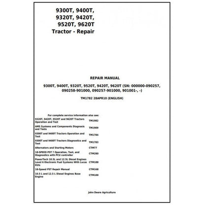 John Deere 9300T, 9400T, 9320T, 9420T, 9520T, 9620T Tracks Tractor Service Repair Technical Manual Pdf - TM1782