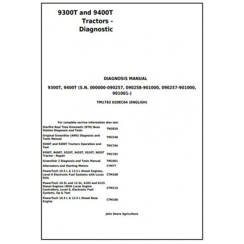 John Deere 9300T and 9400T Tracks Tractor Diagnostic and Tests Service Manual Pdf - TM1783